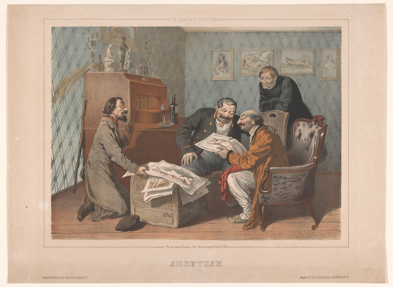 Mercante di stampe che offre opere d