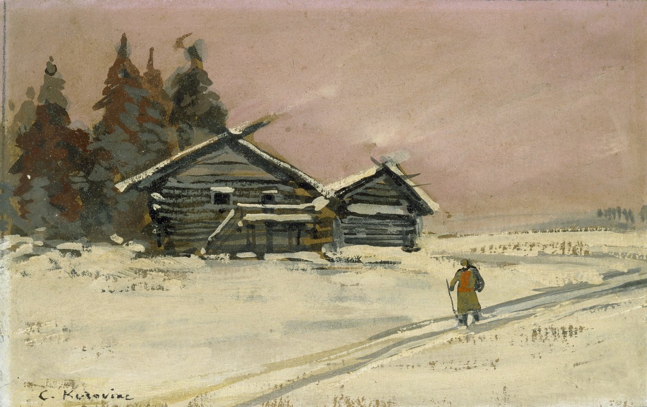 Paesaggio invernale con due capanne di legno da Konstantin Alekseevich Korovin