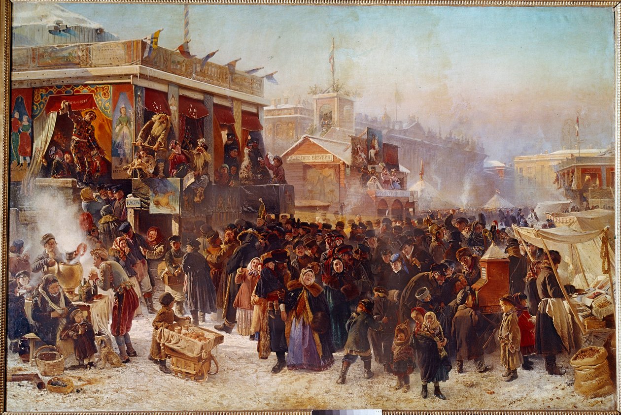 Balladins sulla Piazza Admiraut a San Pietroburgo Spettacolo teatrale di strada da Konstantin Egorovich Makovsky
