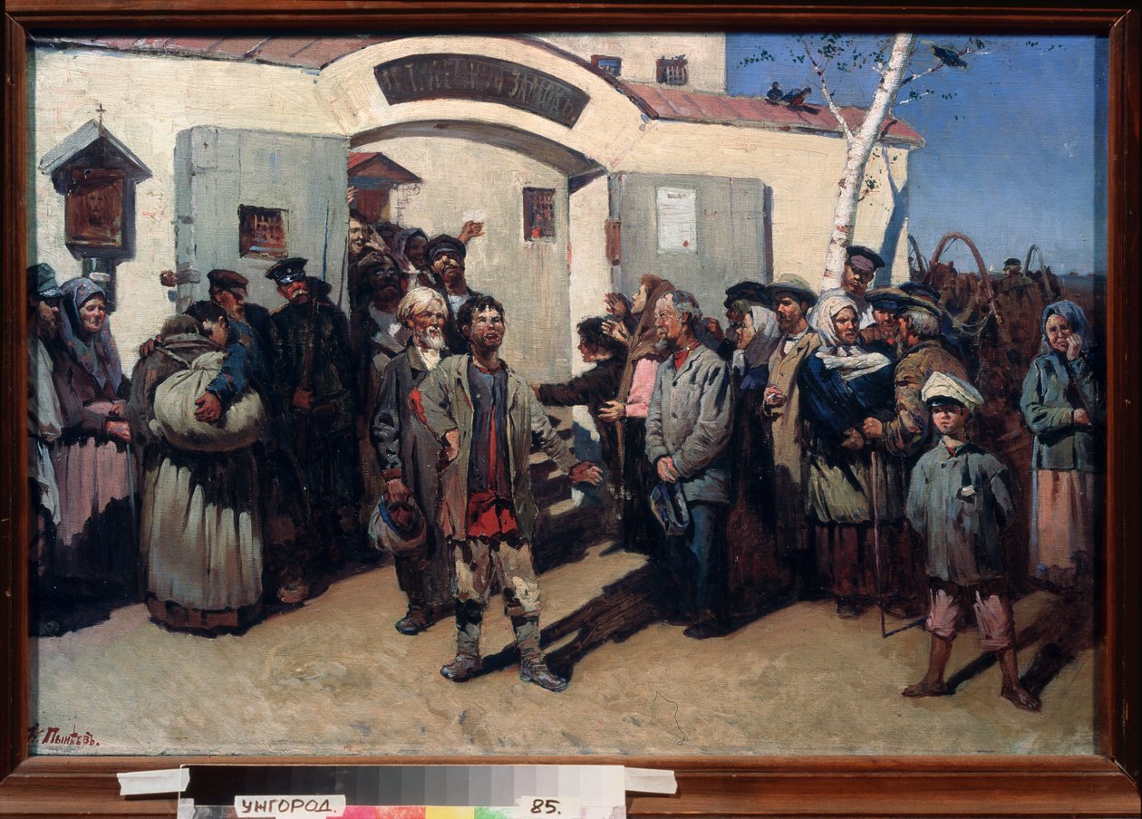Ritorno alla libertà. (Liberazione dei prigionieri di un penitenziario, i loro occhi sono fissi verso il cielo e una folla commossa li attende). Pittura di Konstantin Petrovich Pyneev (1868-1922), olio su tela. Arte russa da Konstantin Petrovich Pyneev