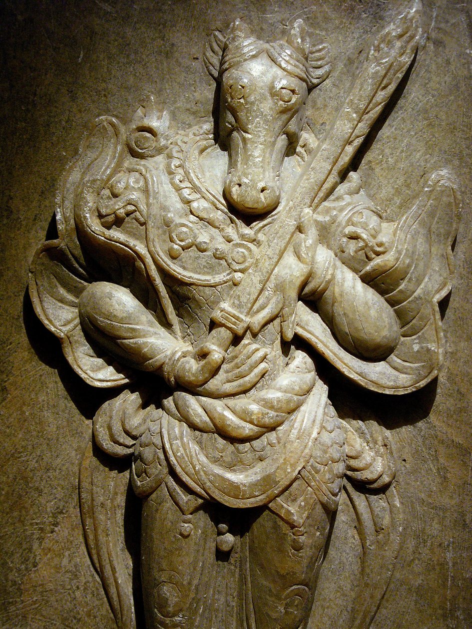 Ornamento funerario, cavallo dello zodiaco su agalmatolite, VIII secolo sotto il periodo dei Regni del Nord e del Sud, Corea. Fotografia, Museo Nazionale di Seoul, Repubblica di Corea da Korean School