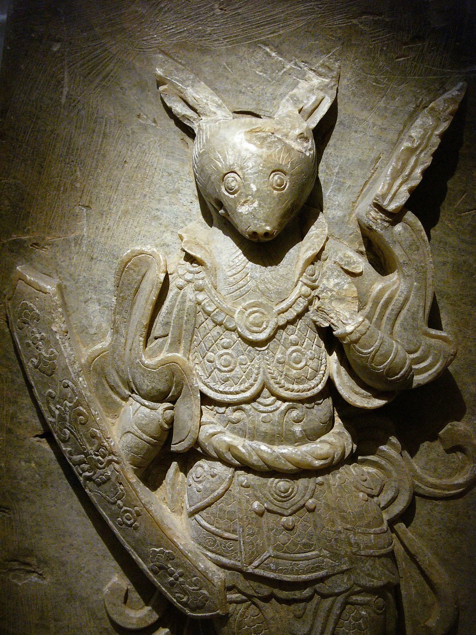 Ornamento funerario, coniglio zodiacale su agalmatolite, VIII secolo sotto il periodo dei Regni del Nord e del Sud, Corea. Fotografia, Museo Nazionale di Seoul, Repubblica di Corea da Korean School