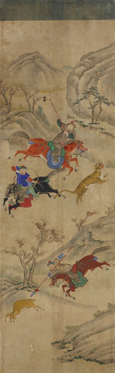 Scena di caccia (3 cavalieri che cacciano cervi e tigre) da Korean School