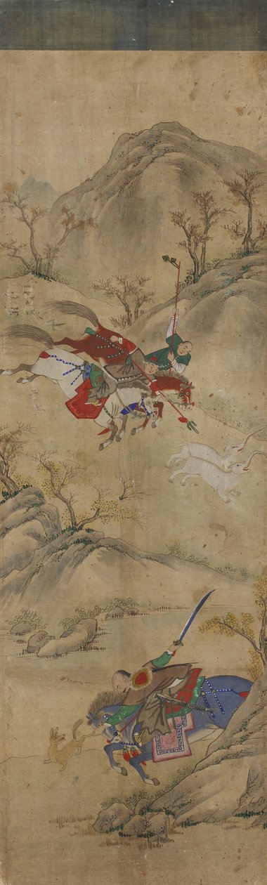 Scena di caccia (3 cavalieri con coniglio e animali mitici) da Korean School