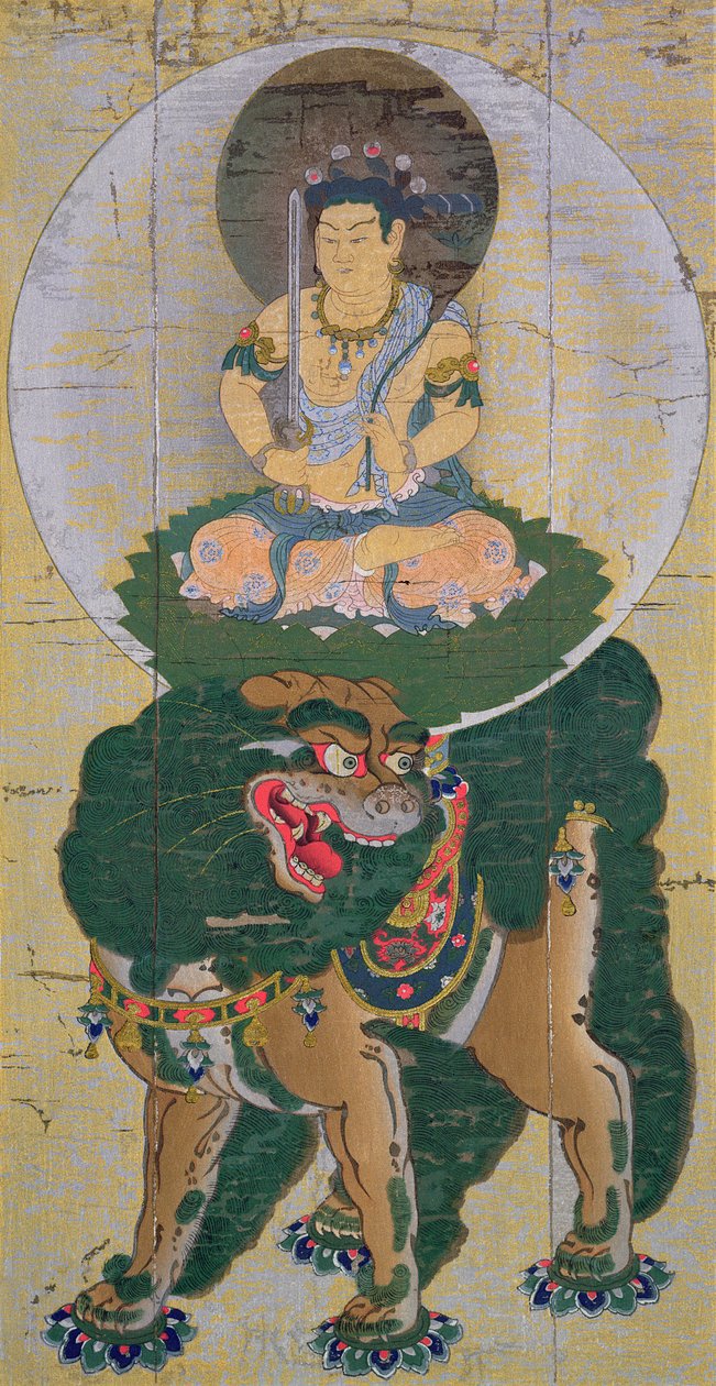 Il Bodhisattva Manjushri che cavalca un leone che respira vapore, illustrazione dopo un kakemono dell
