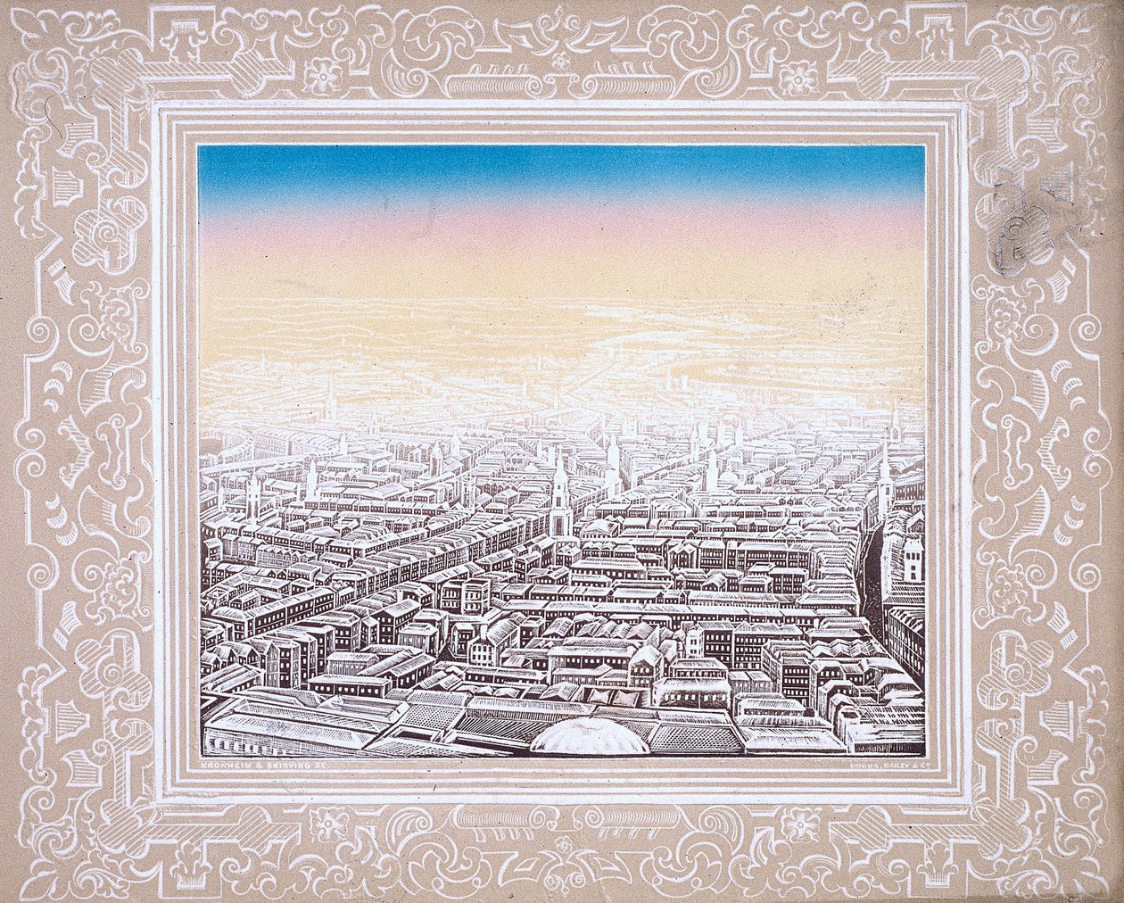 Veduta aerea di Londra incorniciata in un bordo decorativo da Kronheim and Co