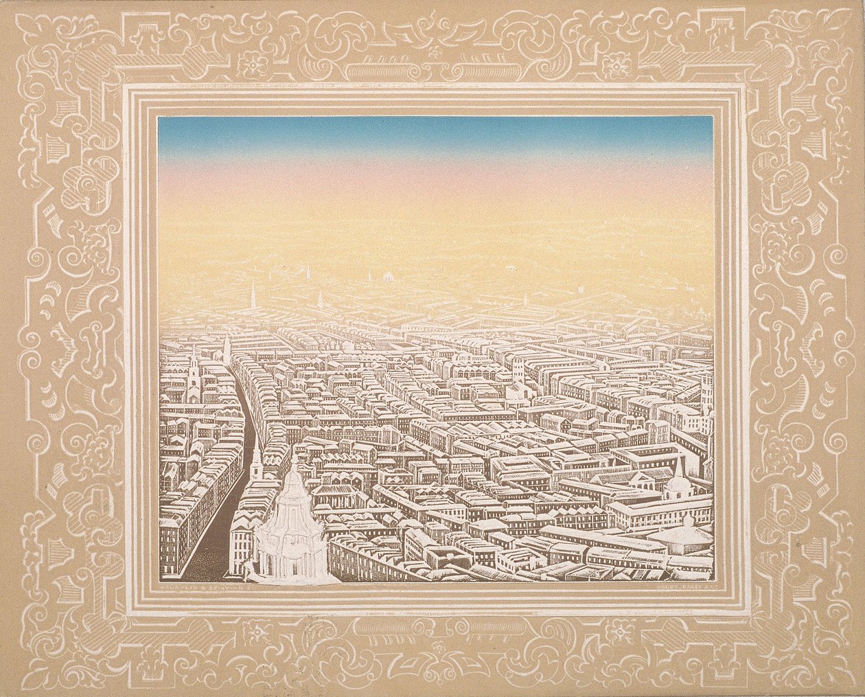 Veduta aerea di Londra incorniciata in un bordo decorativo da Kronheim and Co