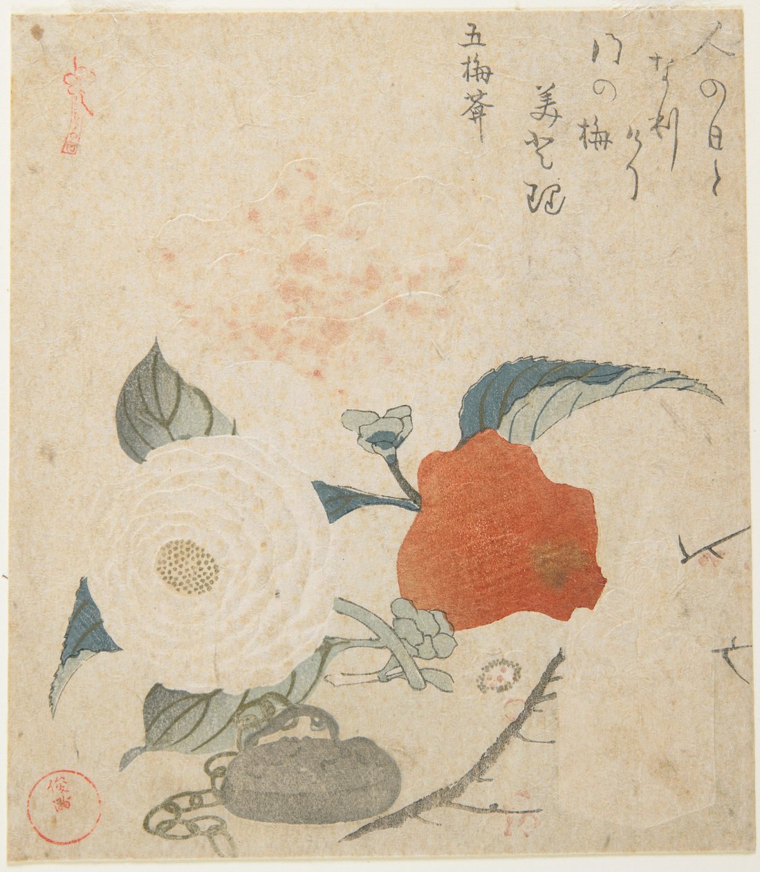 (Un ramo di prugno, un fiore di peonia e un sigillo di metallo) da Kubo Shunman