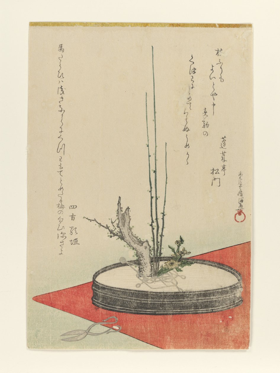 Composizione di susino, Fukujusō (adonide) e forbici da Kubo Shunman