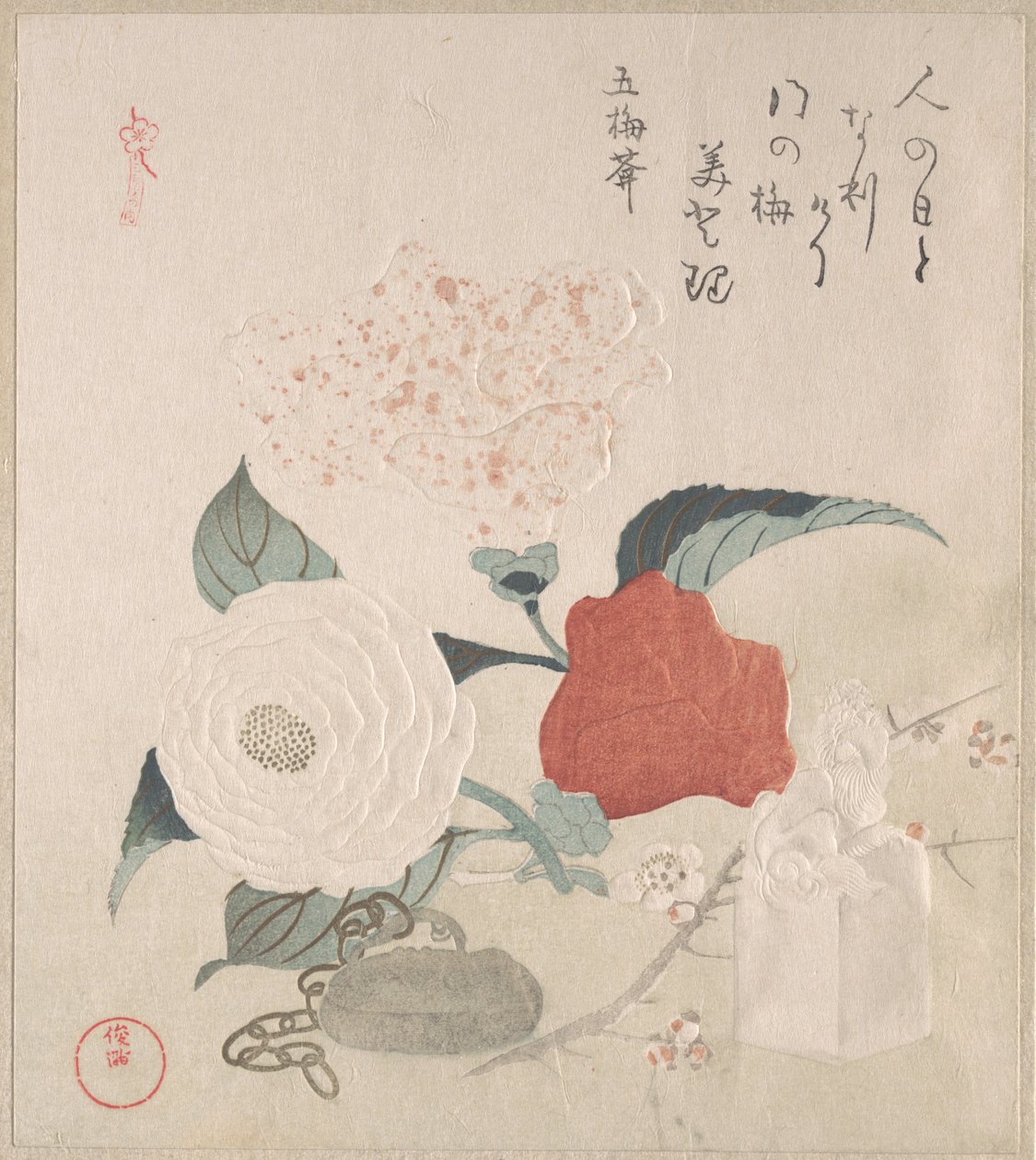 Fiori di camelia, un netsuke e un sigillo da Kubo Shunman