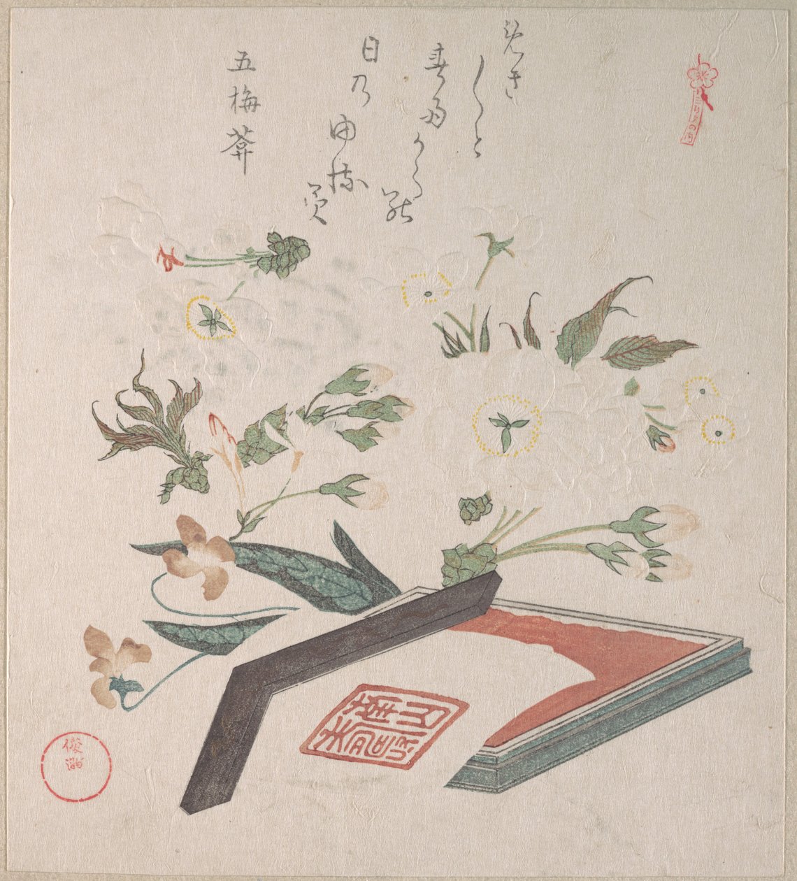 Fiori di ciliegio e scatola per sigilli con inchiostro e righello da Kubo Shunman