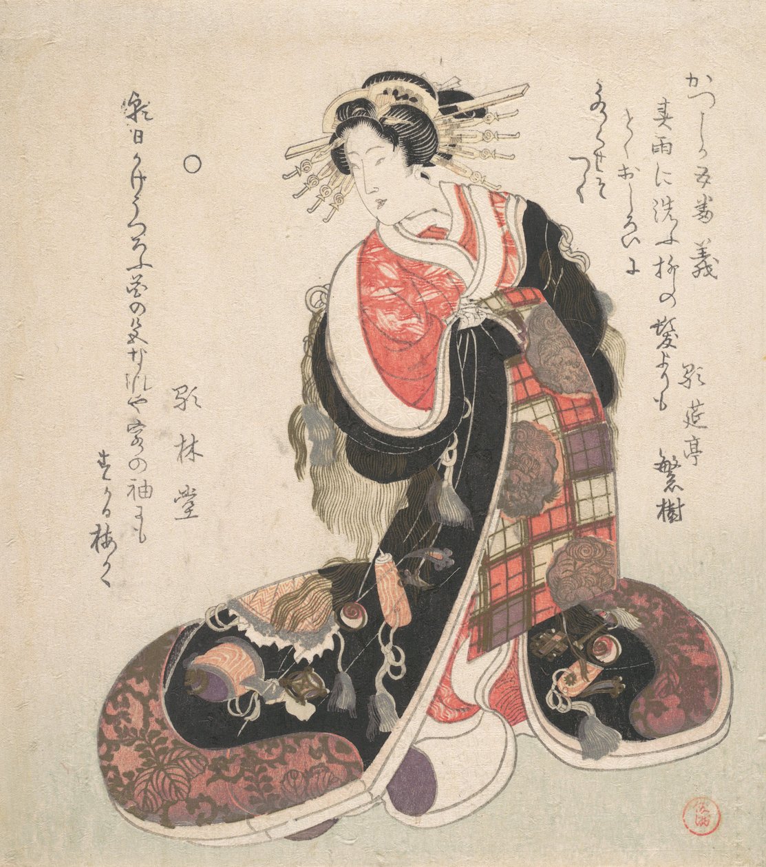 Cortigiana vestita con un abito elaborato ricamato con emblemi di buona fortuna da Kubo Shunman