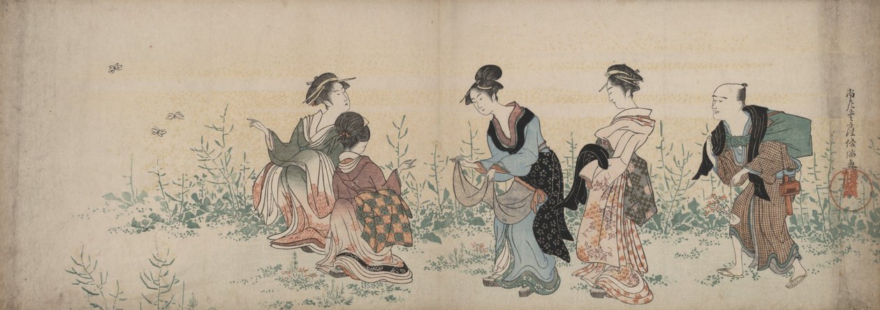 Quattro ragazze e una domestica che ammirano i fiori selvatici e le farfalle da Kubo Shunman
