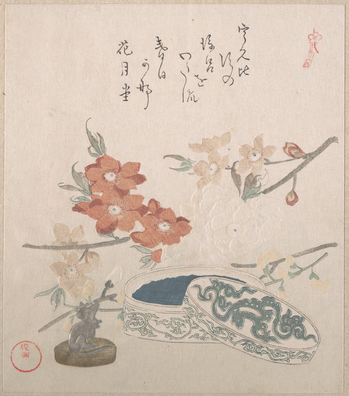 Fiori di pesco, un sigillo e una scatola per sigilli da Kubo Shunman