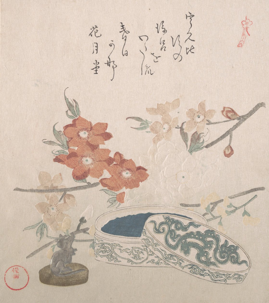 Fiori di pesco, un sigillo e una scatola per sigilli da Kubo Shunman