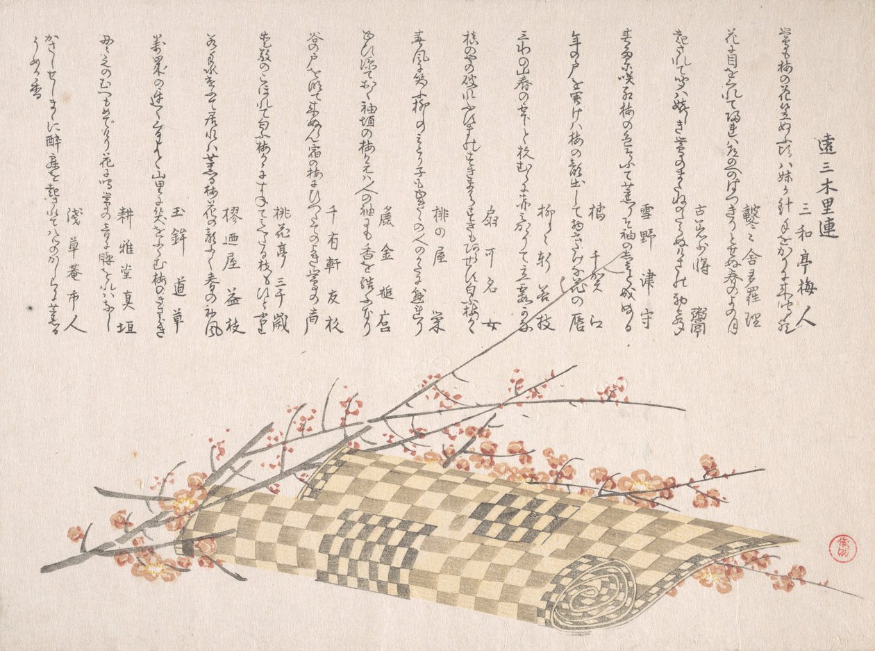 Rami di Prugna con Fiori e un Tappeto Arrotolato da Kubo Shunman
