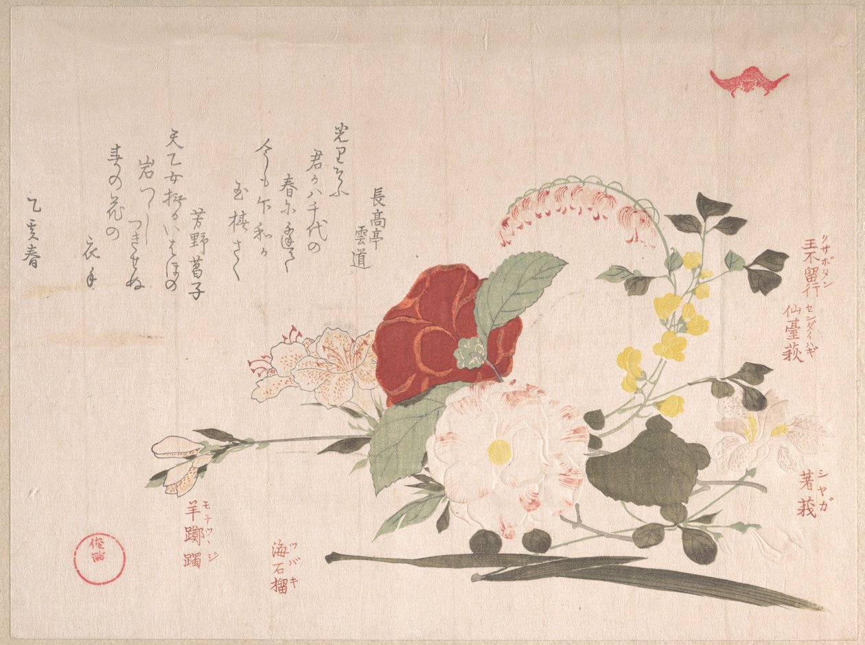 Raccolta della pioggia primaverile (Harusame shū), vol. 2: Fiori recisi: clematide, trifoglio arbustivo, iris, camelia e azalea da Kubo Shunman