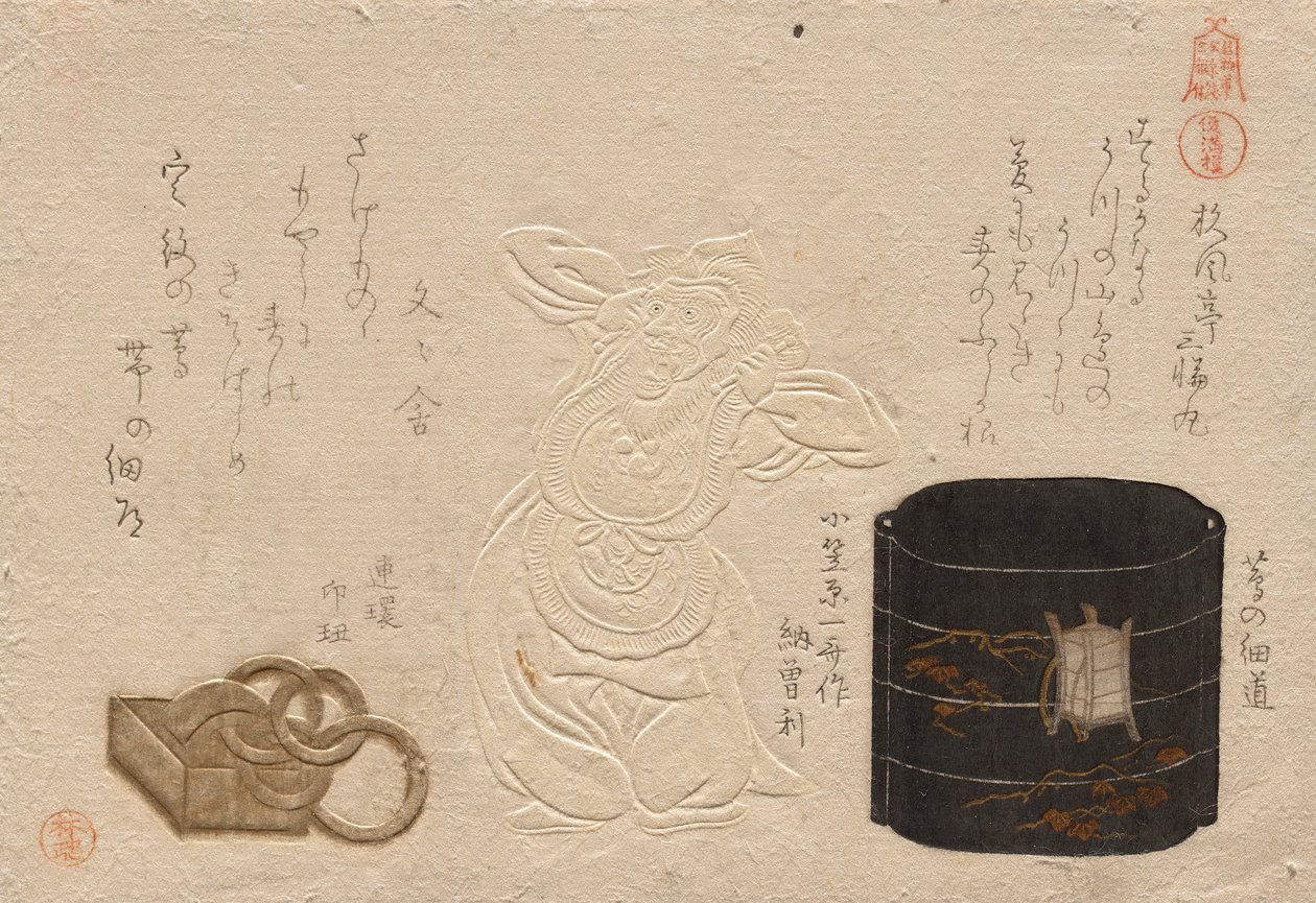 Tre antichità, dalla serie Oggetti stimati: Cuoio; Inro?; Netsuke da Kubo Shunman