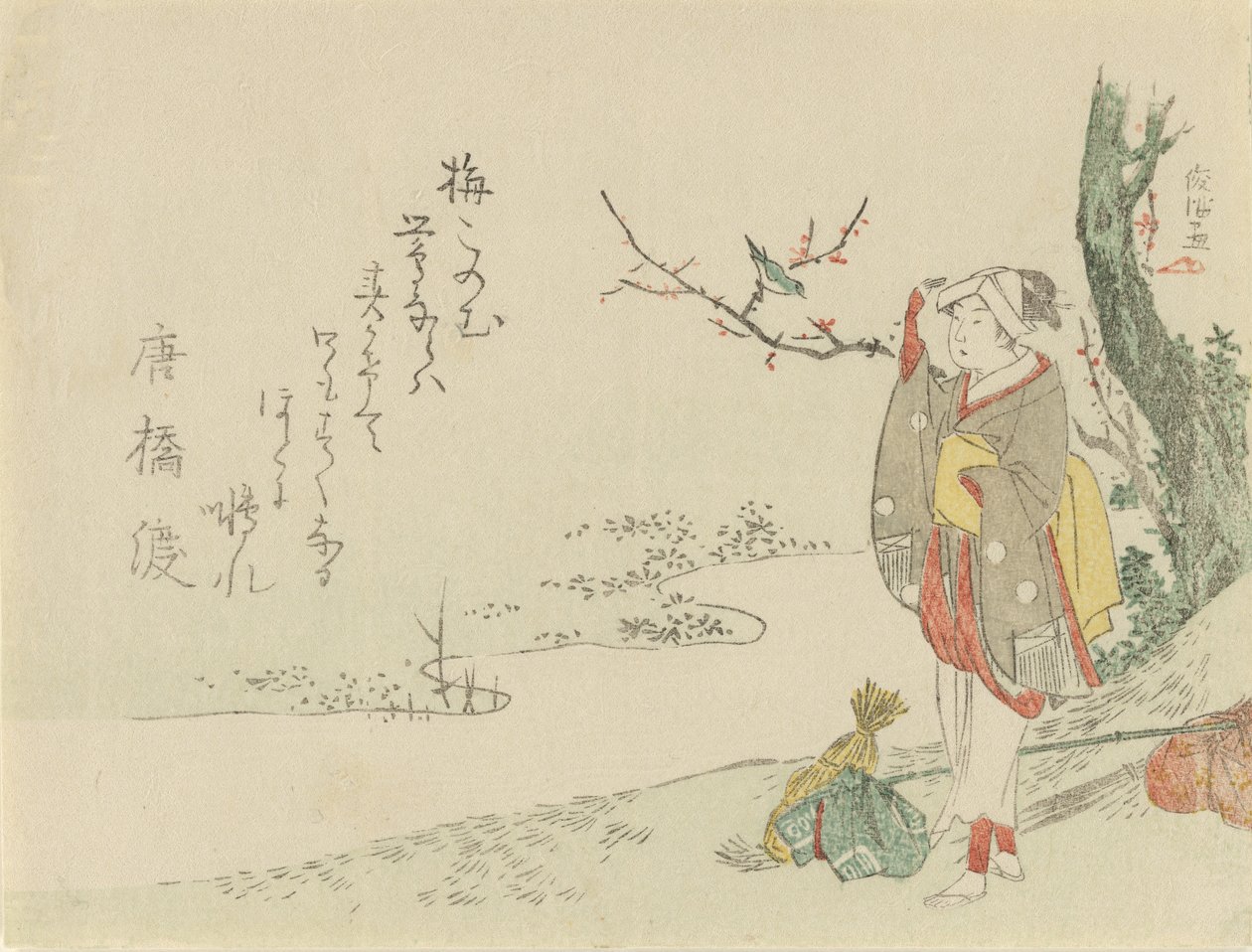 Donna in viaggio si ferma ad ascoltare un uccellino, 1797 da Kubo Shunman