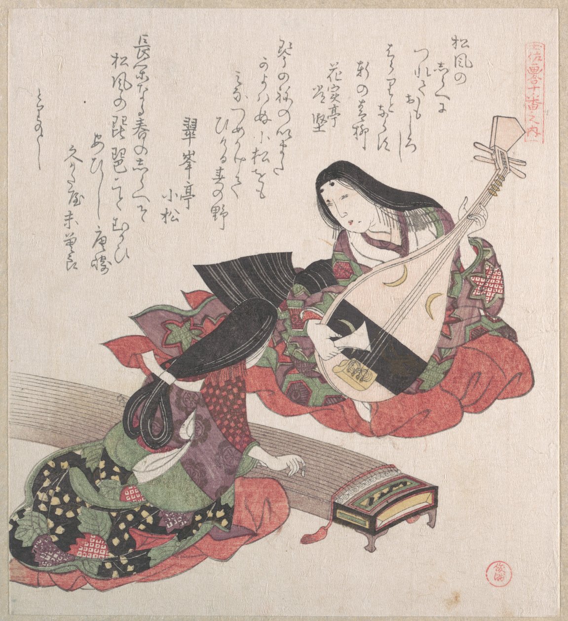 Due donne: una suona il biwa (liuto giapponese) e l’altra il koto (arpa giapponese) da Kubo Shunman