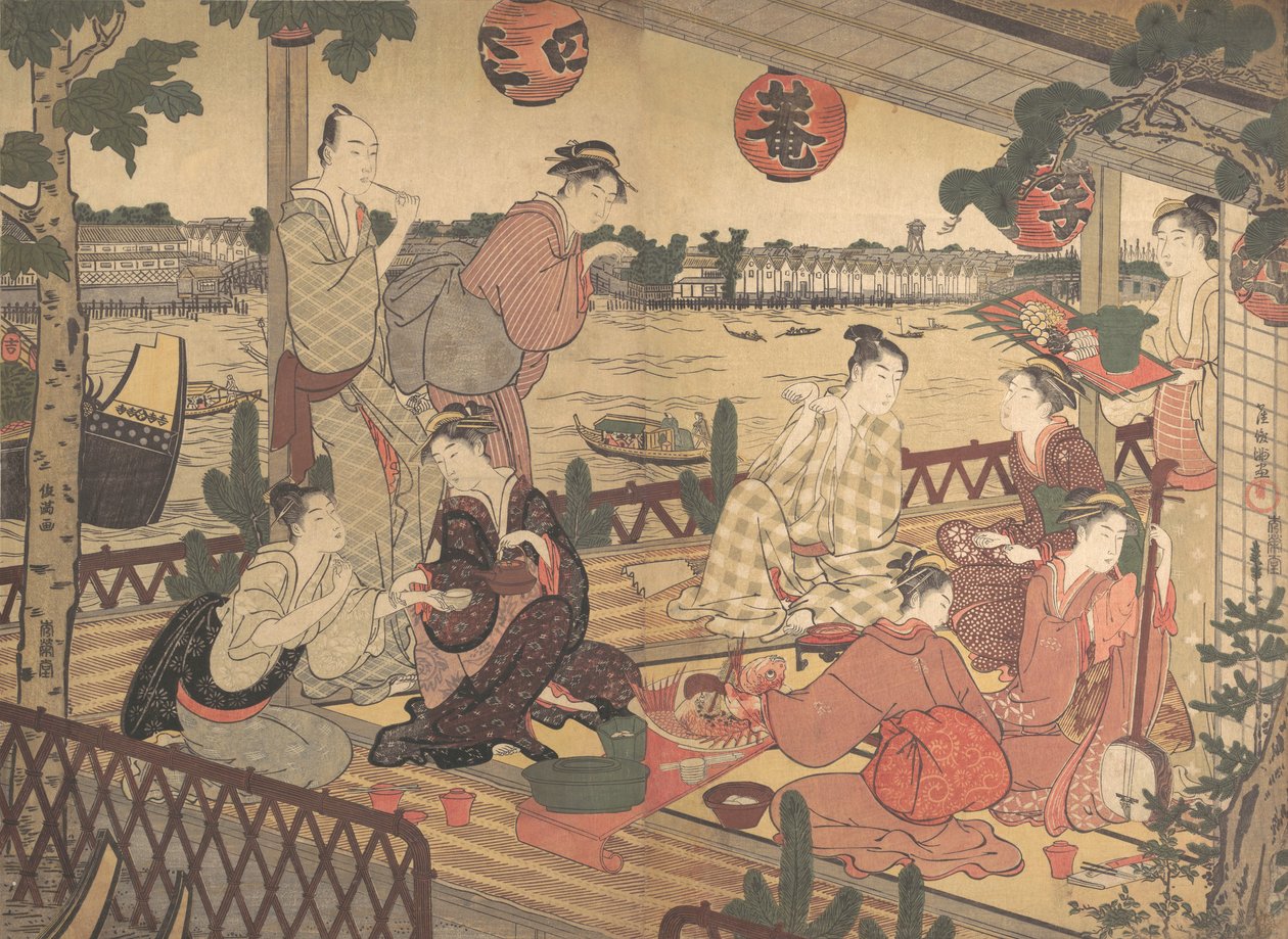 Due giovani uomini e diverse donne che cenano in una casa da tè sulla riva del fiume Sumida da Kubo Shunman