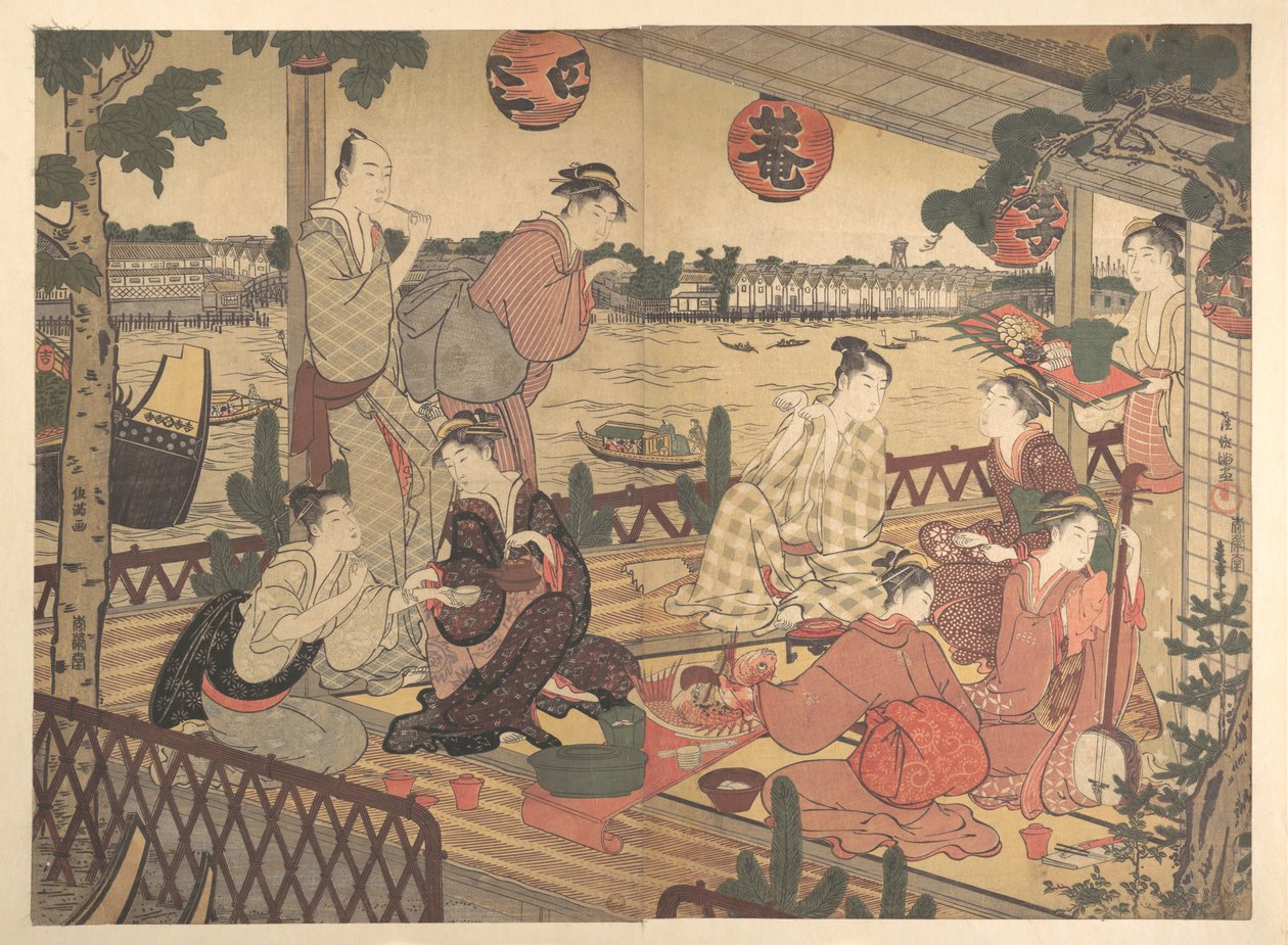 Due giovani uomini e diverse donne a pranzo in una casa da tè sulla riva del fiume Sumida da Kubo Shunman