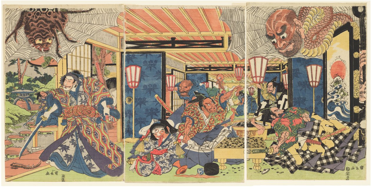 Minamoto no Yorimitsu e i suoi guardiani sconfiggono il ragno della terra, 1804-1818 circa (stampa su xilografia (nishiki-e); inchiostro e colore su carta) da Kuninaga Utagawa