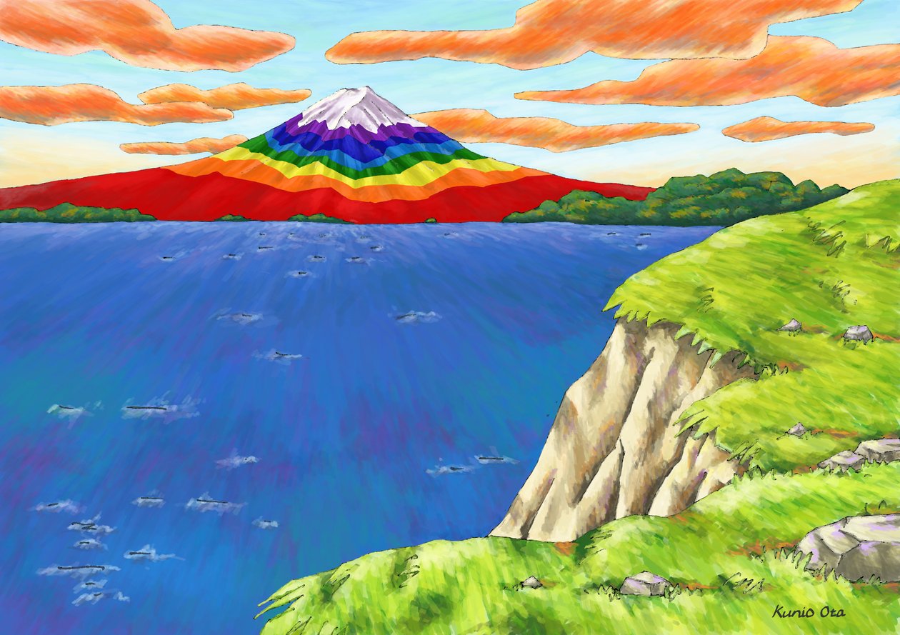 Monte Fuji color arcobaleno sopra la scogliera da Kunio Ota