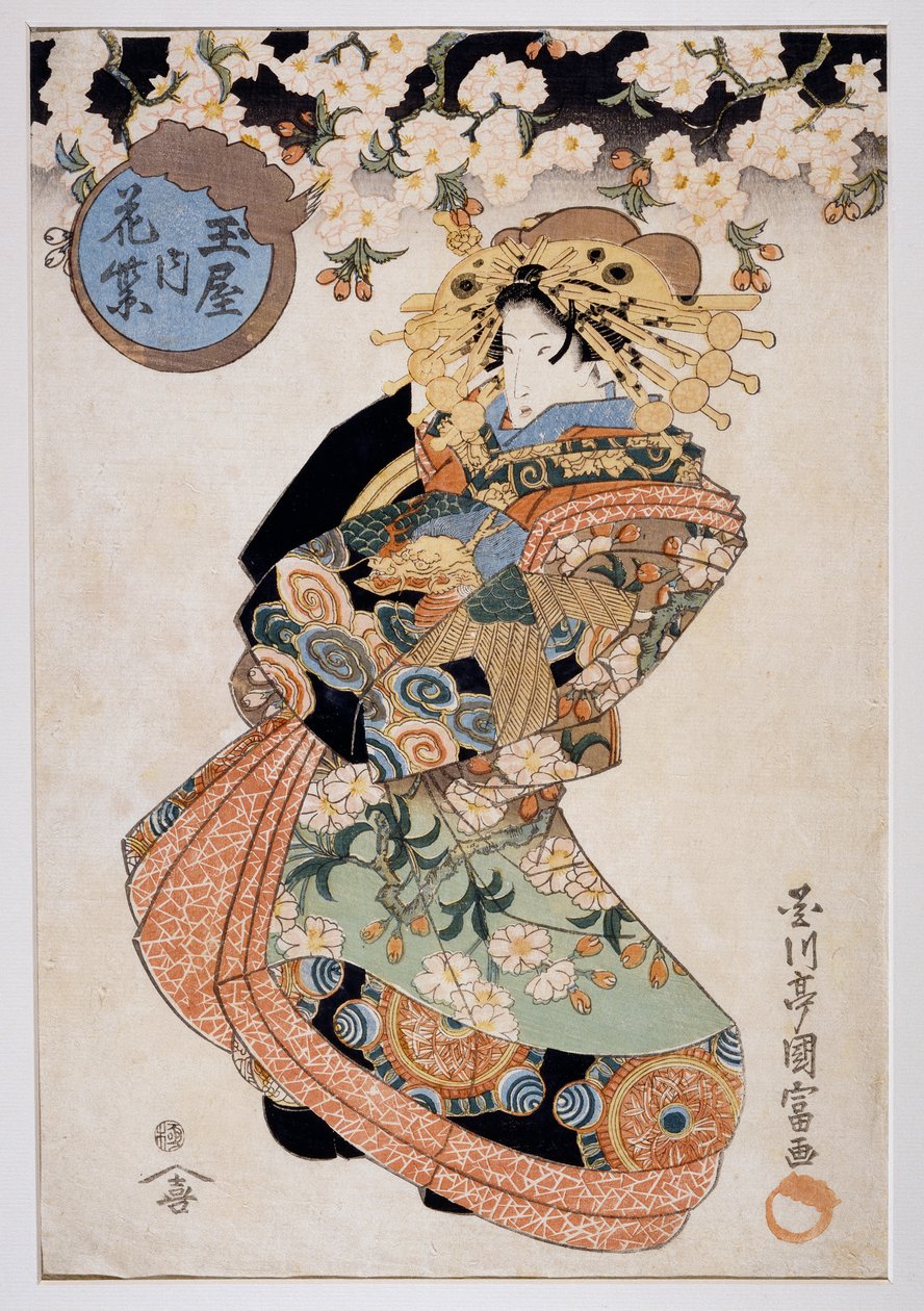 Cortigiana Hanamurasaki della casa da tè Tamaya, ca 1830, stampa d