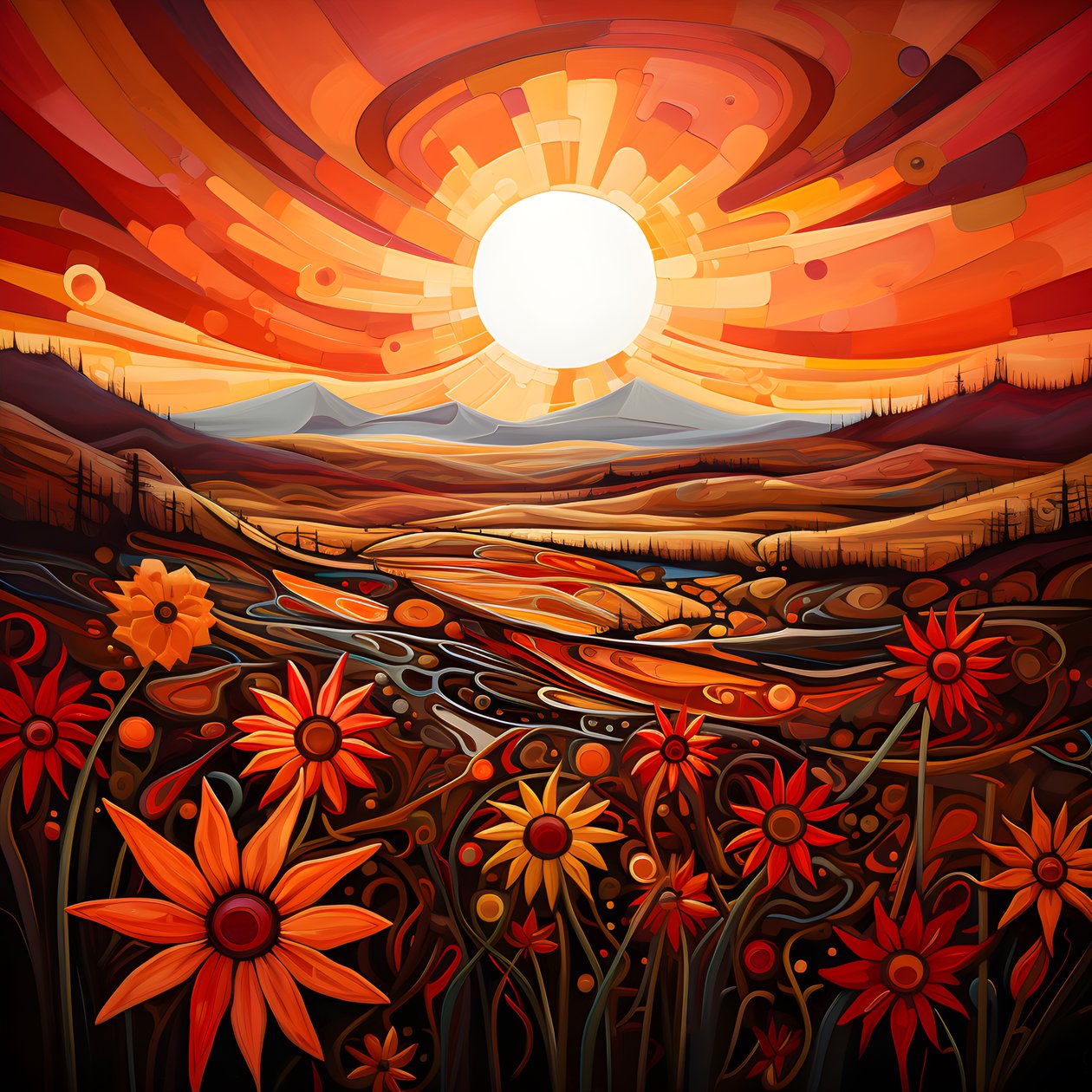 arte paesaggistica astratta con un campo di fiori selvatici e un sole rosso brillante 4 da Kurt Heppke