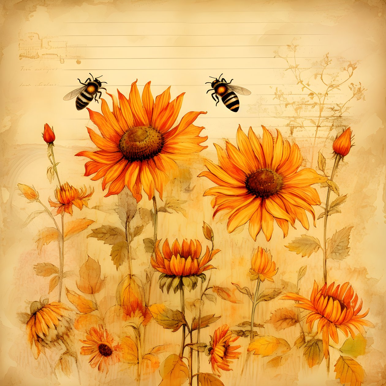 Acquerello girasoli e sagome di api con poesie autunnali scritte a mano 1 da Kurt Heppke