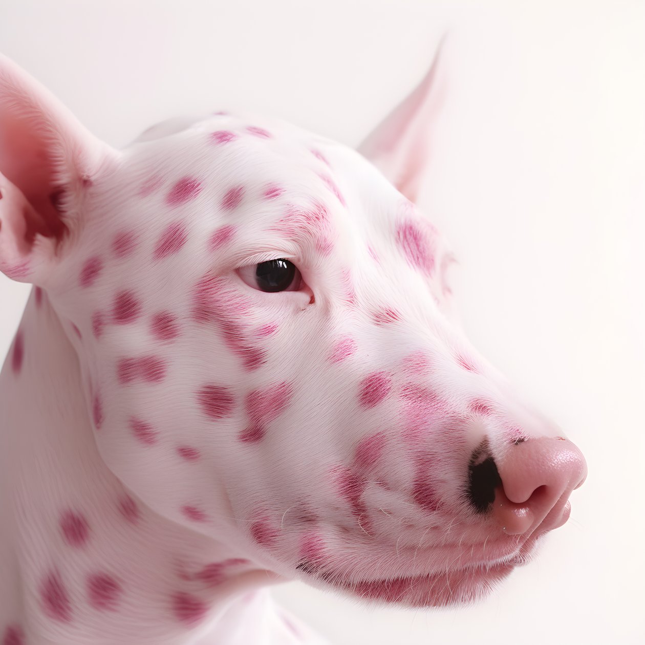 Affascinante primo piano di un maiale rosa con macchie dalmata su sfondo bianco 1 da Kurt Heppke