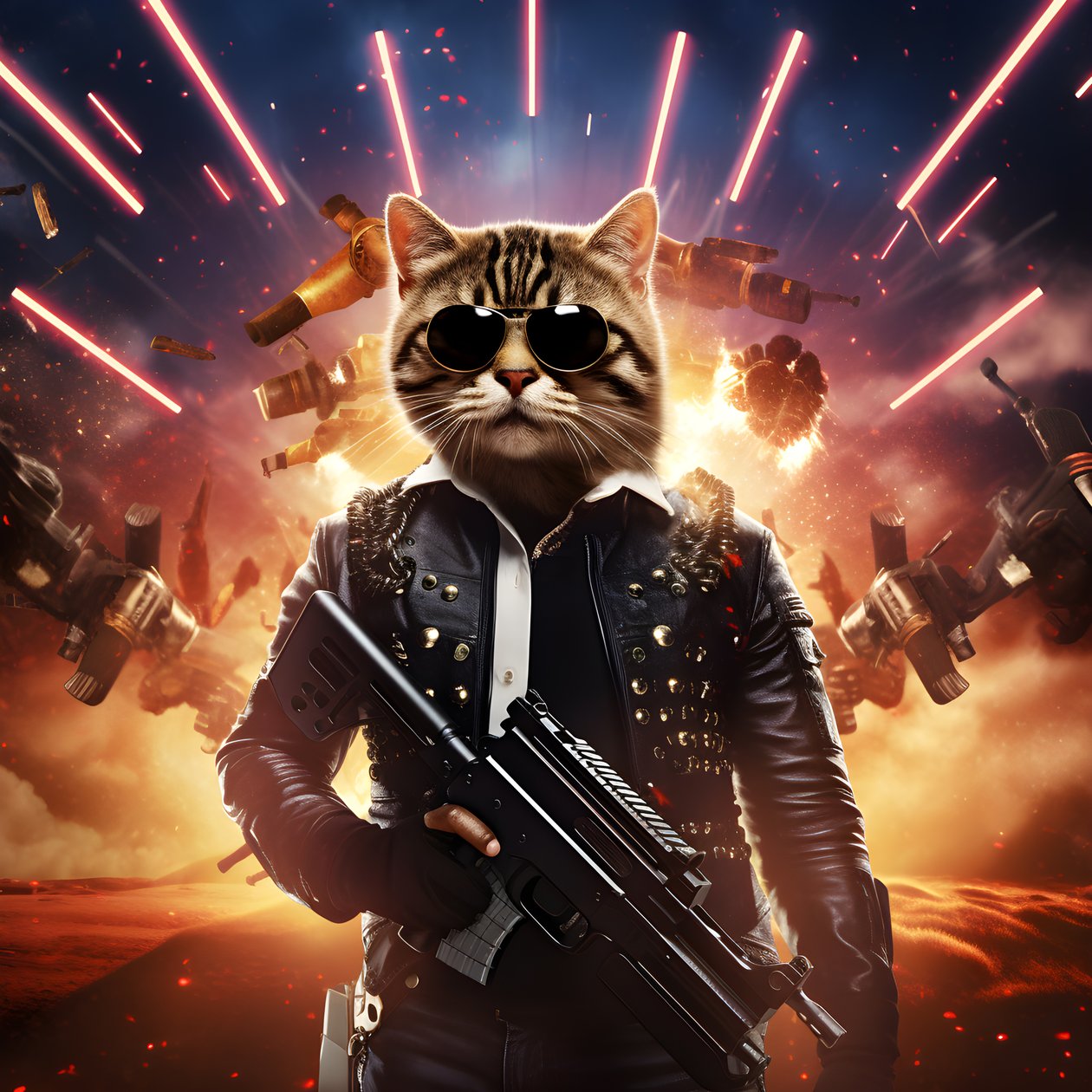 Poster di un gatto con camicia a pois bianca e nera e occhiali da sole lucenti, con esplosioni e cannoni sullo sfondo 2 da Kurt Heppke