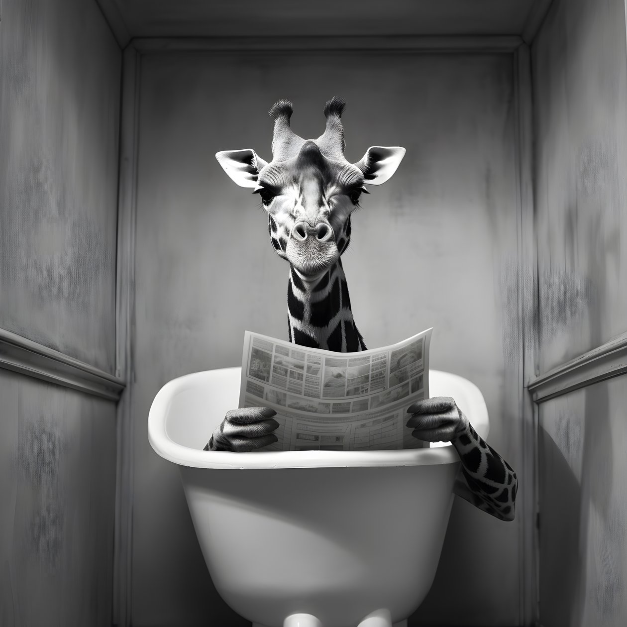 Giraffa felice seduta sul gabinetto con giornale 1 da Kurt Heppke