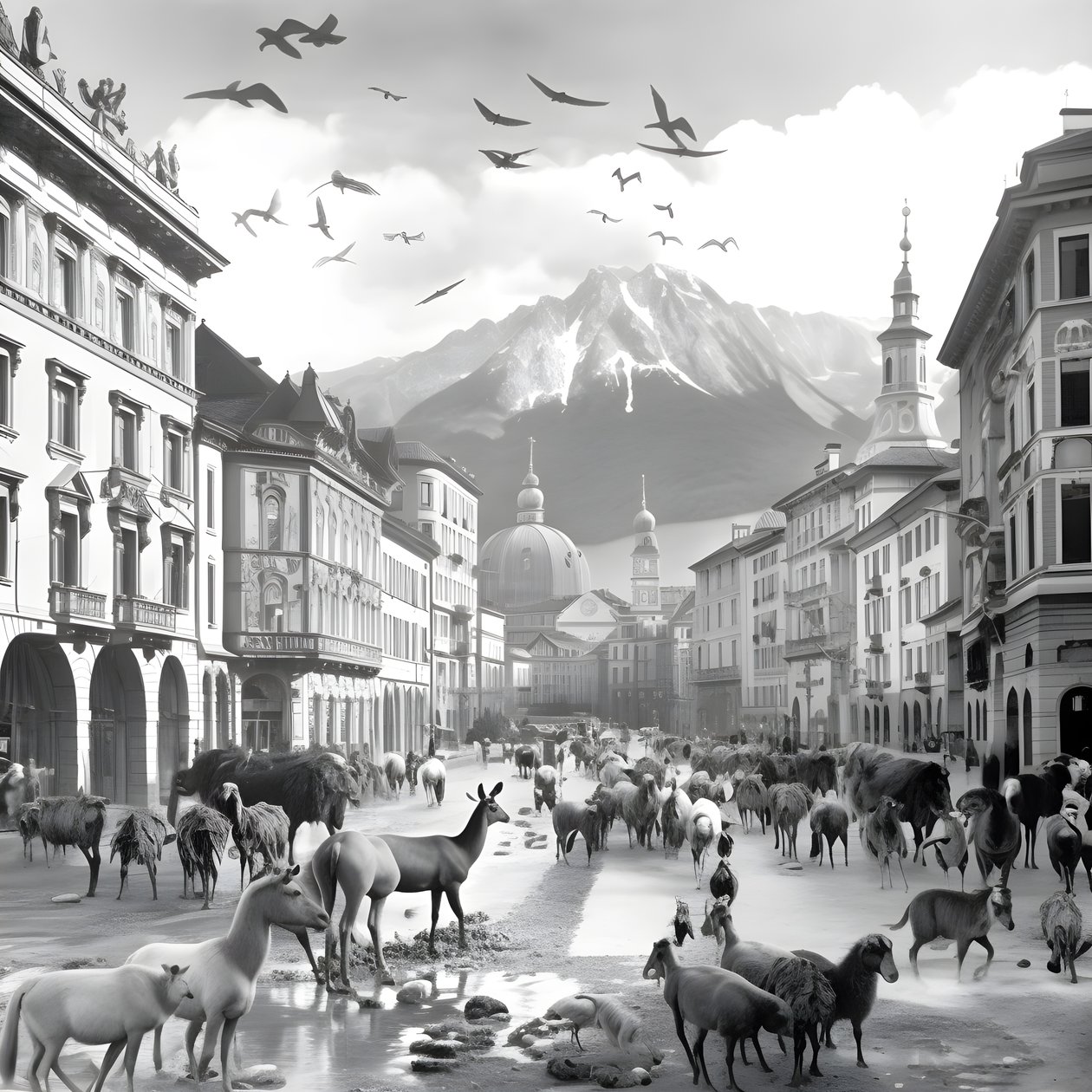 Innsbruck in una vecchia fotografia con zebre eleganti, gabbiani, scimmie e figure di argilla. 2 da Kurt Heppke