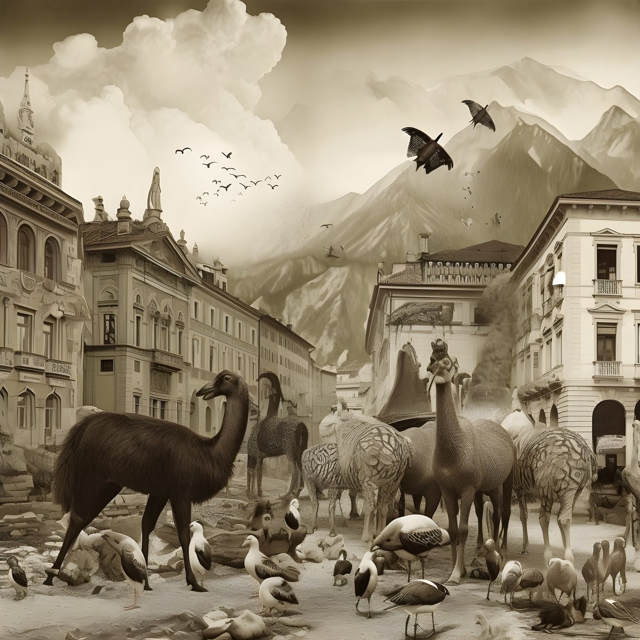 Innsbruck in una vecchia fotografia con zebre eleganti, gabbiani, scimmie e figure di argilla. 3 da Kurt Heppke