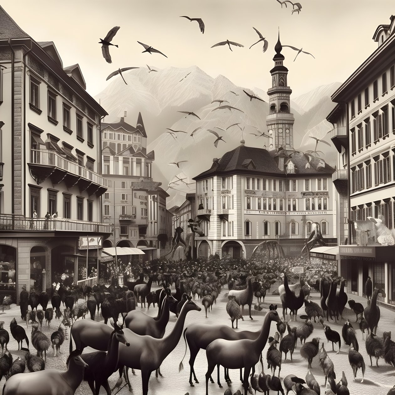 Innsbruck in una vecchia fotografia con zebre eleganti, gabbiani, scimmie e figure di argilla. 4 da Kurt Heppke