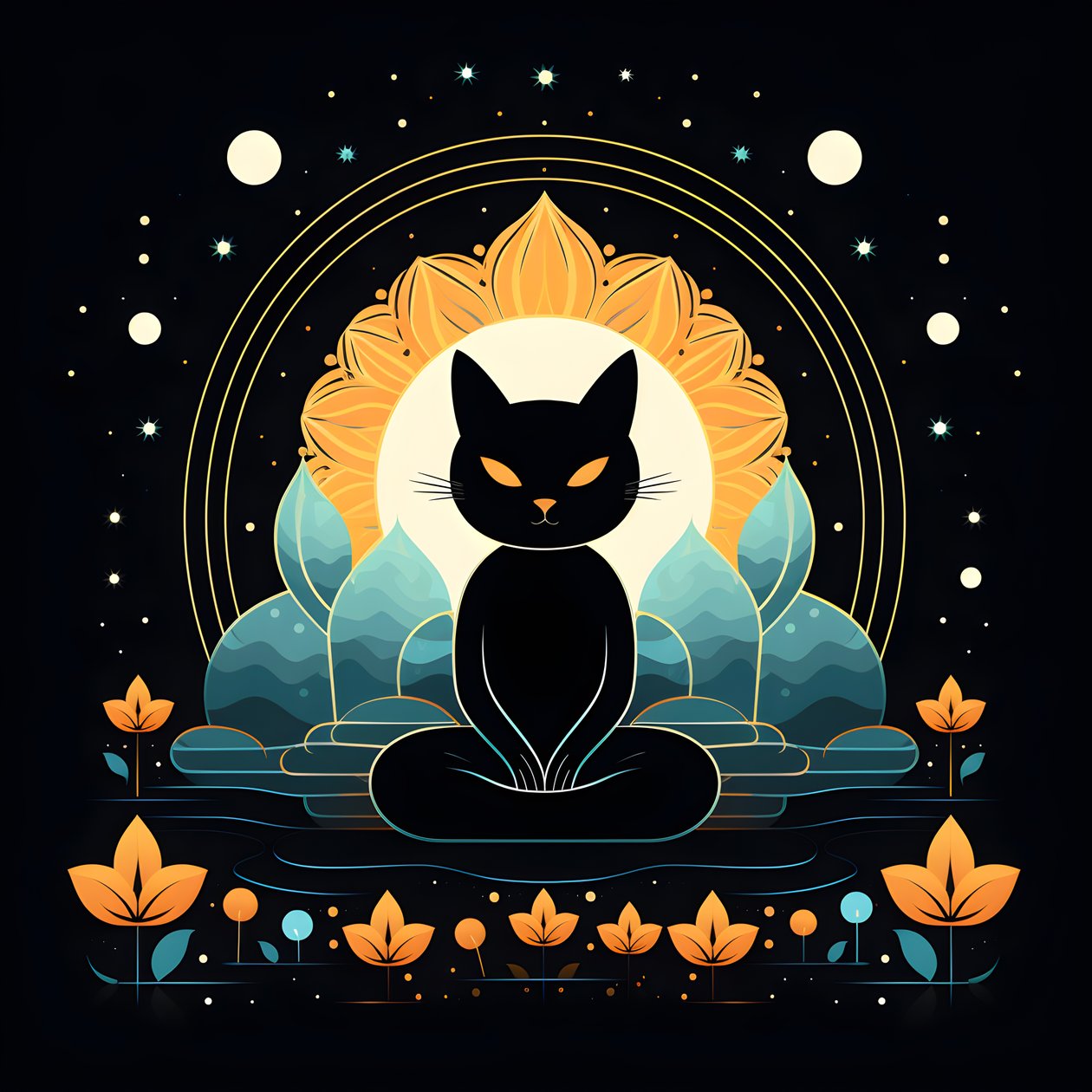 Gatto in meditazione seduto su un fiore di loto da Kurt Heppke