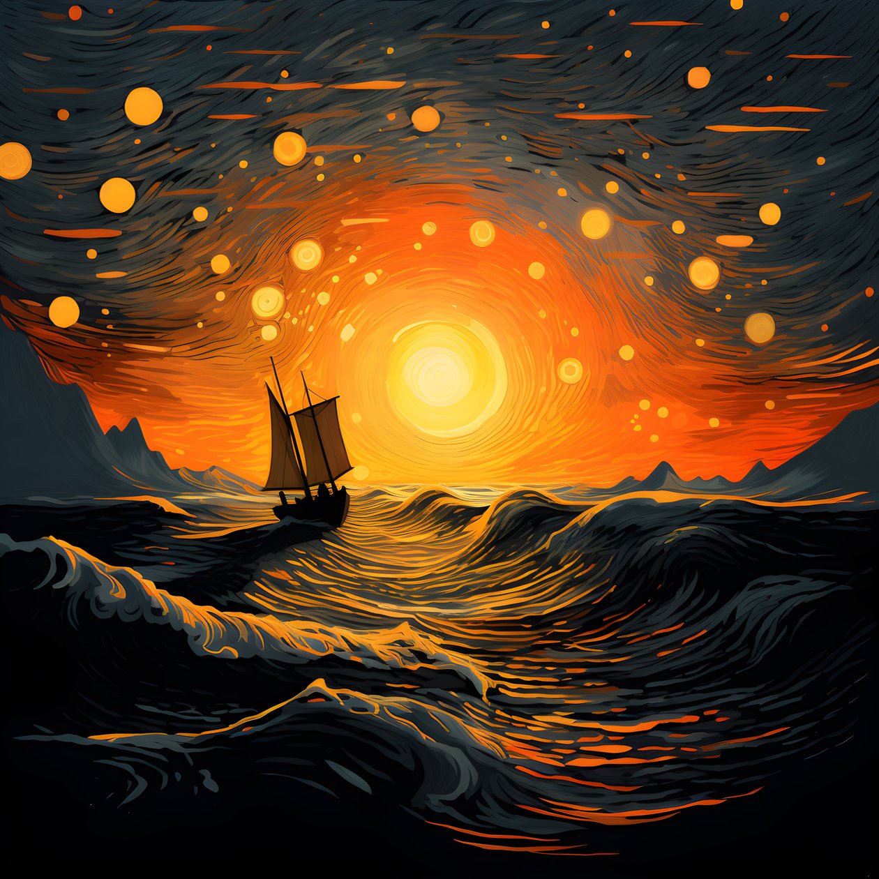 Tramonto, sole arancione-giallo, nuvole, cinque cerchi rotanti di nuvole in un grande cielo, onde puntiformi e nuvole del tramonto arancione-giallo che si riflettono sulle onde, una barca va verso il mare 1 da Kurt Heppke