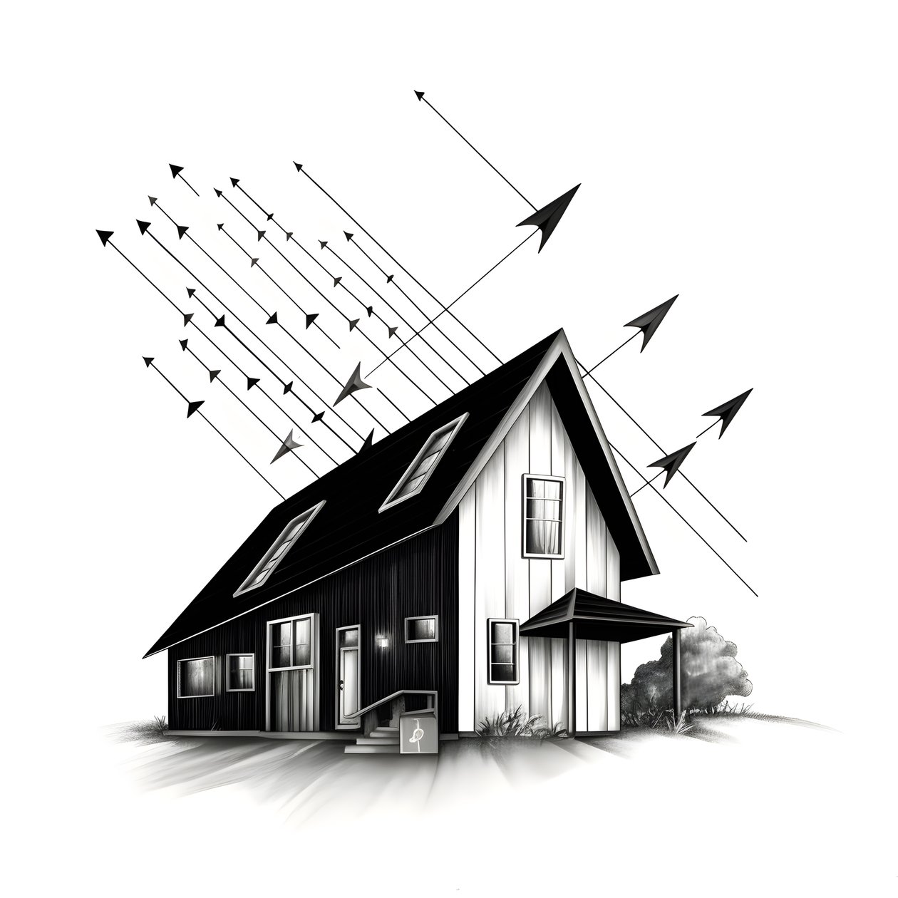 illustrazione di una casa con pannelli solari, con una grande freccia dietro che punta a destra e verso l