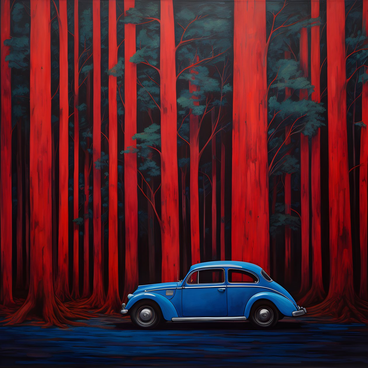 Auto blu in una foresta rossa 2 da Kurt Heppke