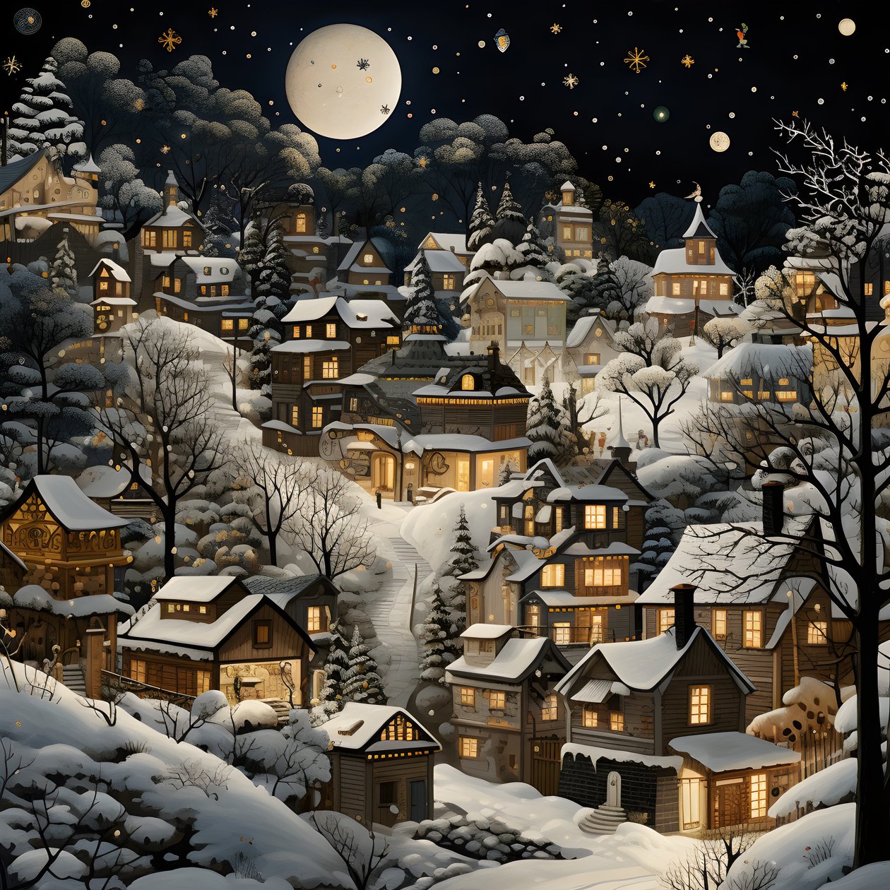 Un villaggio di notte sotto alberi innevati 2 da Kurt Heppke