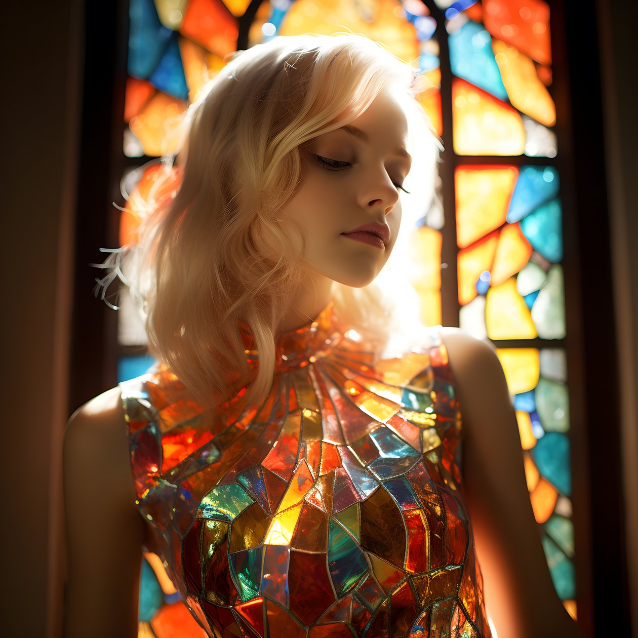 bella ragazza bionda di 14 anni con un vestito colorato in vetro Tiffany 4 da Kurt Heppke