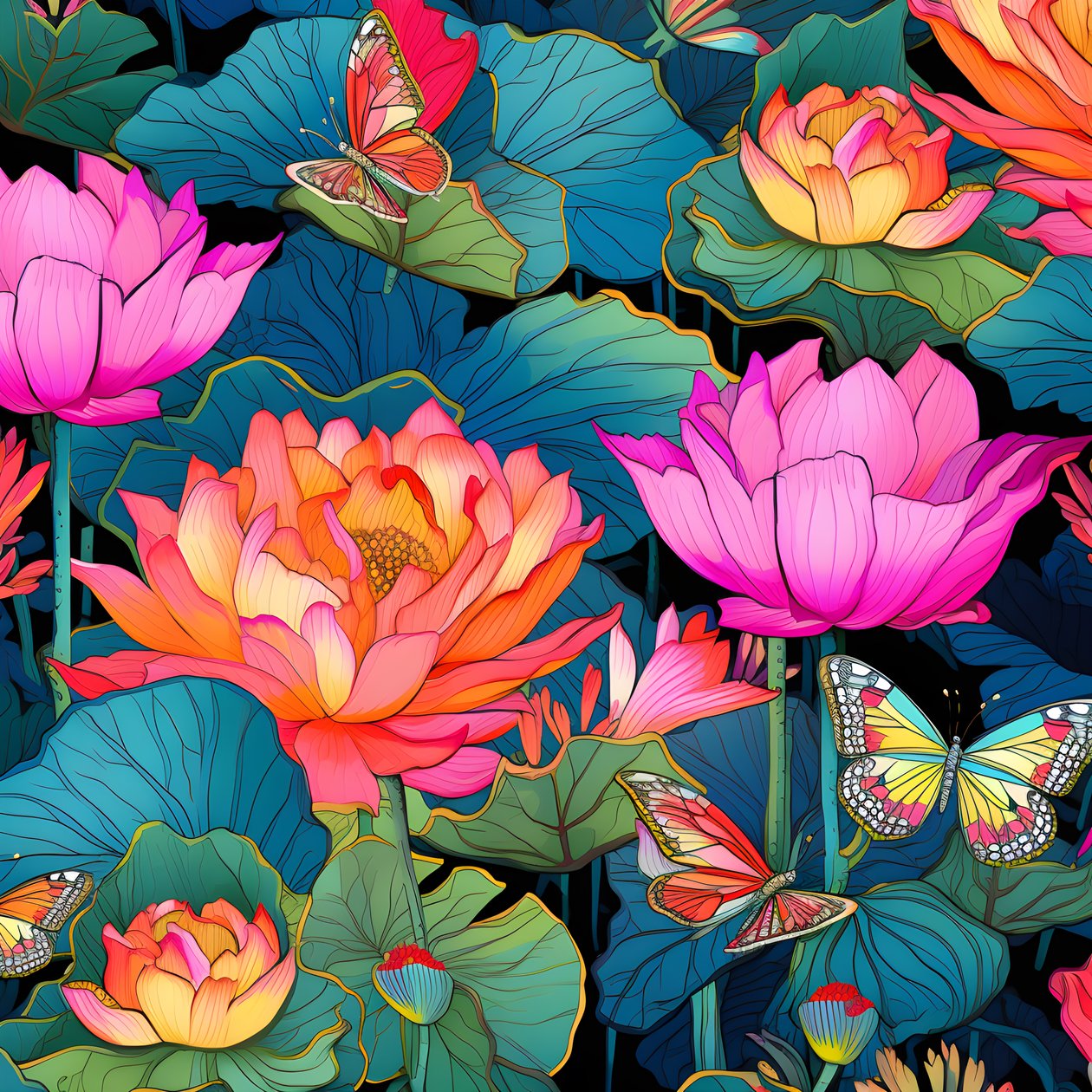 Motivo senza soluzione di continuità di fiori di loto e farfalle 3 da Kurt Heppke