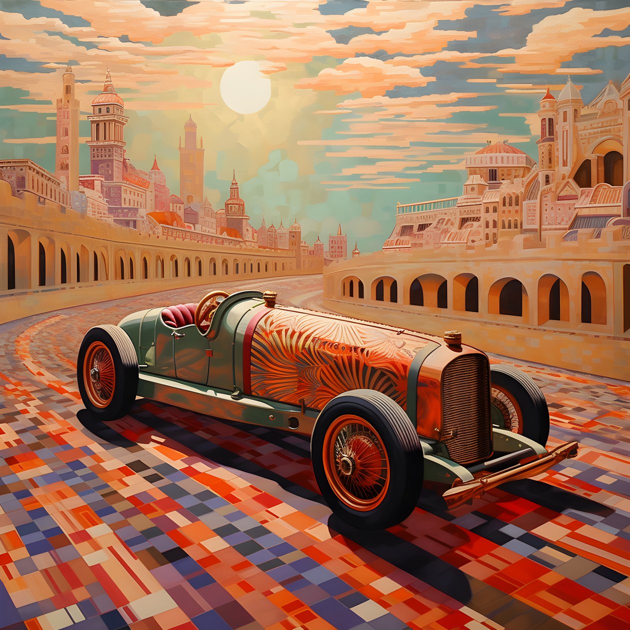 Elegantes minimalistisches Meisterwerk im künstlerischen Stil zum Gedenken an den Grand Prix von Monaco 1940, historische Rennwagen, die gegeneinander antreten von Kurt Heppke