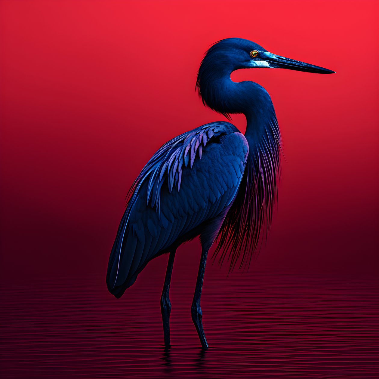 Arte digitale synthwave di un airone blu cobalto esotico su carta rossa 3 da Kurt Heppke