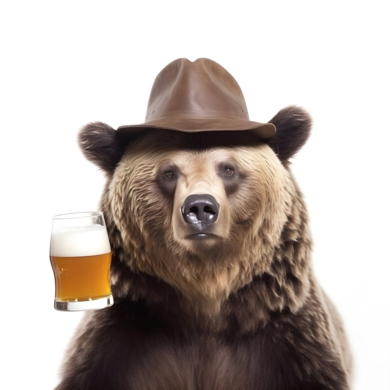 un orso con un cappello a cilindro una birra di fronte e di profilo su sfondo bianco 2 da Kurt Heppke