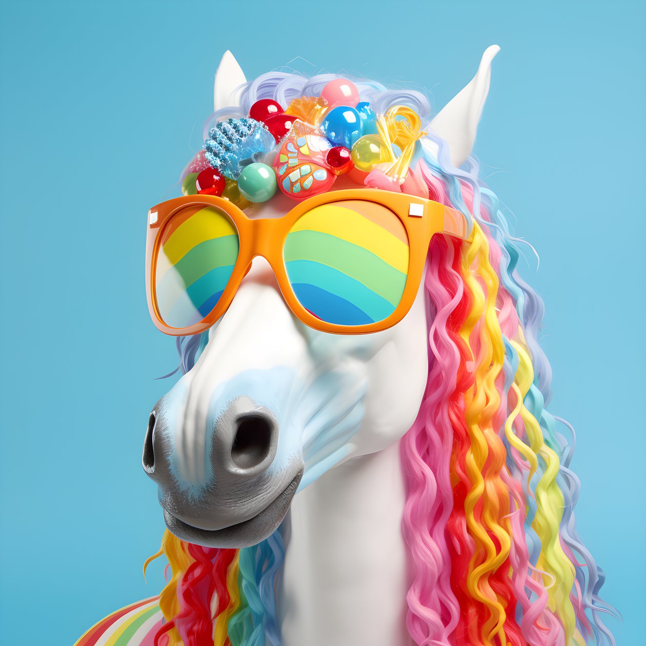 Cavallo bianco con occhiali arcobaleno su sfondo blu 4 da Kurt Heppke