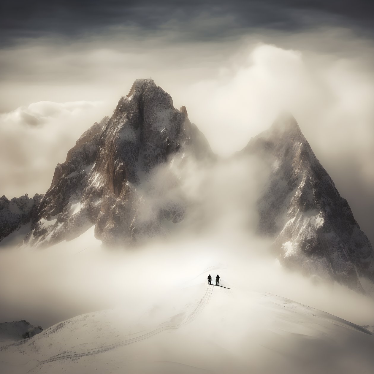Due persone che sciano su una montagna coperta di nuvole 2 da Kurt Heppke
