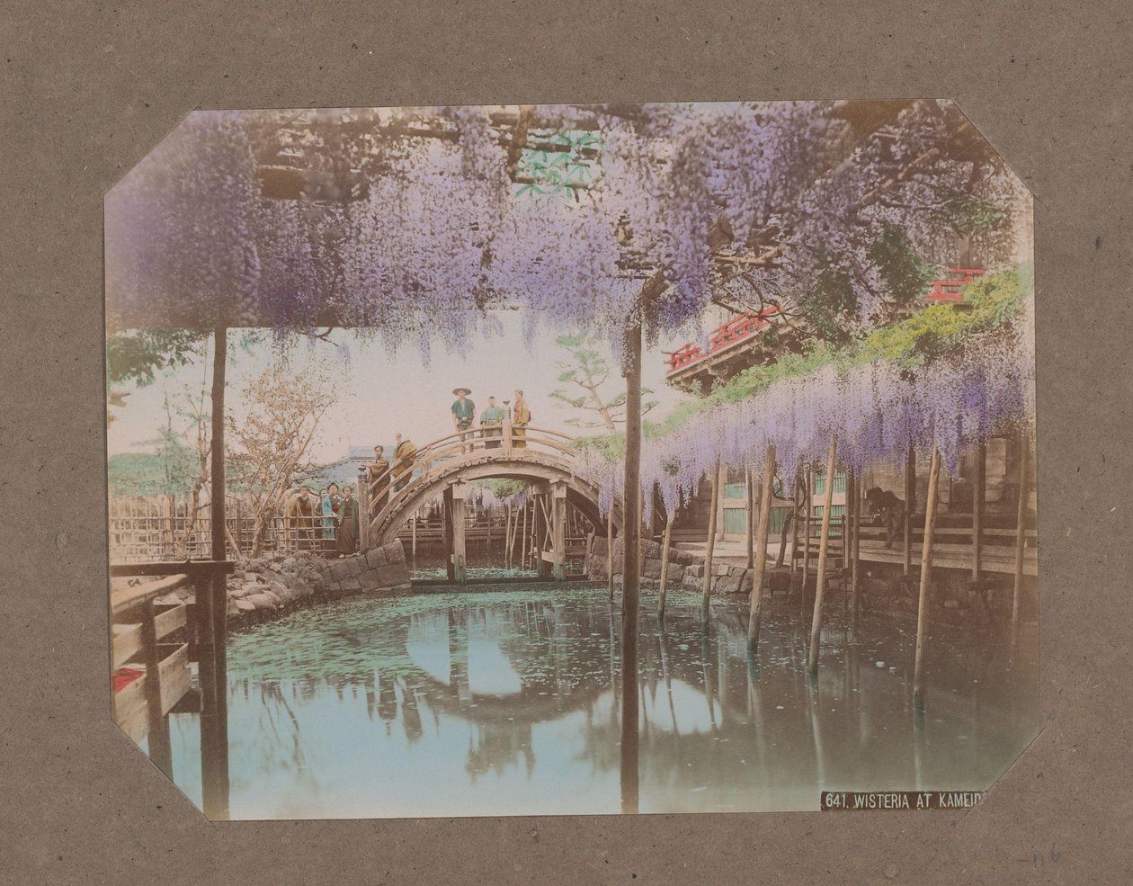 Persone su un ponte, con glicine in fiore in primo piano, a Kameido, Tokyo, Giappone da Kusakabe Kimbei